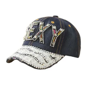 Navy denim baseball cap with crystal sexy letter motif and rhinestone wave brim