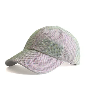 Detailed close-up of shiny rainbow rhinestones on a stylish baseball cap crown