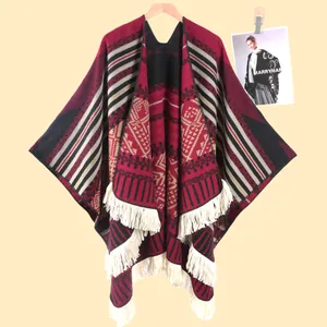 Damen Ethnisch Kaschmir-Imitat Poncho Schal Geometrischer Blumendruck Vorne Offen Cape Mit Großen Quasten Für Reise Herbst Winter