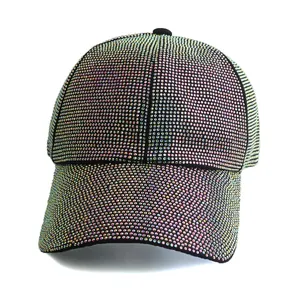 Fashionable baseball cap for women featuring rainbow gradient rhinestones on black fabric