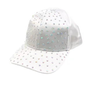 Sparkling white baseball cap with AB iridescent rhinestones for sun protection