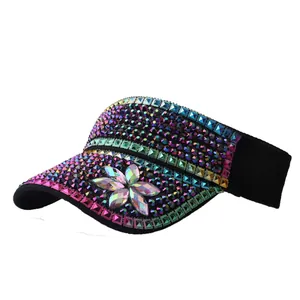 Luxury rhinestone sun visor for women featuring colorful crystals and 3D floral accent