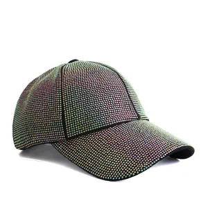 Fashionable baseball cap with colorful rhinestones on black fabric from side view