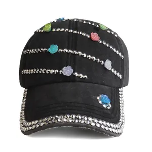 Women's Washed Cotton Baseball Cap Rhinestone Rivet Decoration Multi Color 3D Flower Outdoor Sun Protection Adjustable Hat