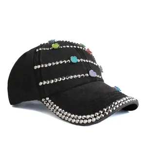 Women's black baseball cap featuring silver studs and colorful flower accents