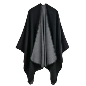 Châle fendu bicolore noir et gris style cachemire avec couture de qualité pour l'hiver