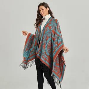 Vintage paisley poncho with turquoise patterns and fringe hem for women's winter wear