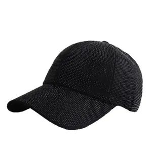Fashionable black baseball cap for women with all-over sparkling rhinestones and curved brim