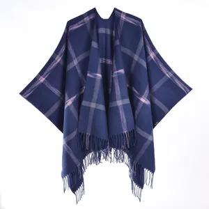 British style navy blue and pink checkered cashmere-like shawl with elegant fringe edges