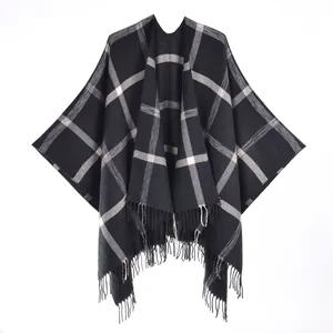British Style Plaid Poncho Shawl For Women Winter Warm Imitation Cashmere Cape With Tassels Soft Oversized Wrap Outerwear