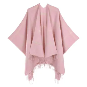 Pink British plaid cashmere-like poncho wrap with tassels for women's autumn warmth