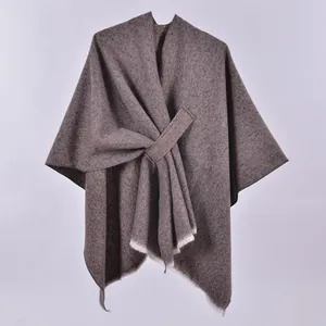 Damen Kaschmir-Imitat Poncho Schultertuch Einfarbig Streifen Design Quasten Saum Dick Warm Winter Cape Oberbekleidung