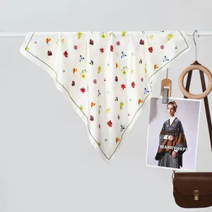 Classic floral silk scarf for women in cream white with colorful small flower patterns