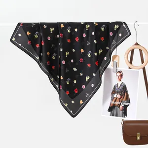 Elegant black silk-like square scarf with vintage floral patterns and white border