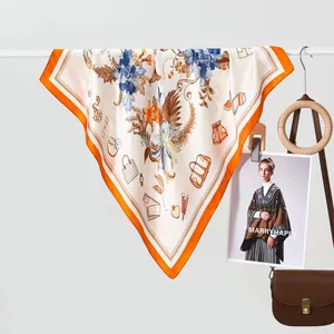 Classic silk scarf for women featuring floral and fashion motifs in ivory and orange