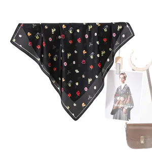 Classic black floral silk scarf with colorful prints and elegant white border design