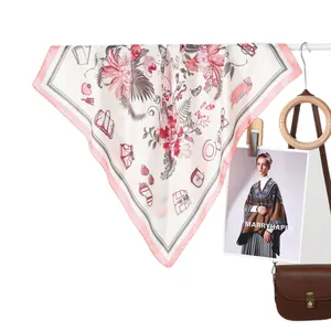 Elegant silk scarf featuring pink floral and fashion illustrations with chic pink borders