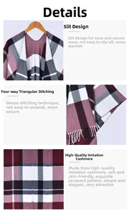 Detail of plaid split poncho made of soft cashmere-like fabric with reinforced triangle stitching