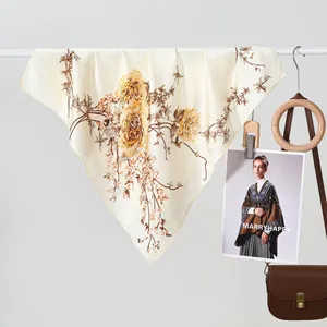 Classic floral silk scarf in beige and yellow with retro peony pattern for women