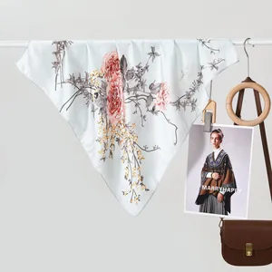 Elegant Peony Floral Print Satin Square Scarf Vintage Silk Like Neck Scarf For Women Decorative Hair Band Bag Accessory