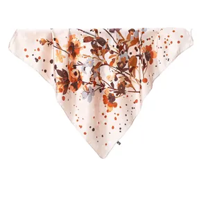Classic elegant satin silk scarf with vintage floral print in orange and brown tones