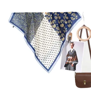 Classic paisley and polka dot square silk scarf in navy blue and light blue tones