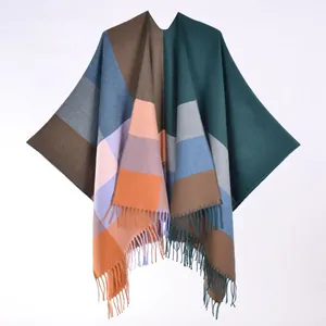 Châle en tricot à carreaux pour femmes avec franges, poncho en cachemire d'automne