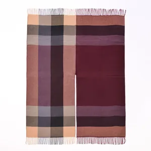 Détail d'un châle d'hiver en cachemire avec motif à carreaux classique et franges longues