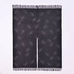 Dark grey ginkgo leaf pattern cashmere-like pashmina shawl with tassel and split design