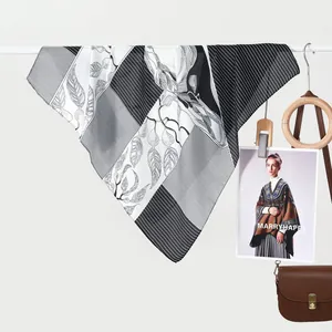 Women Elegant Satin Square Scarf Striped Geometric Leaf Print Silk Like Neck Head Scarf Fashion Minimalist Wrap Hair Accessory For Lady