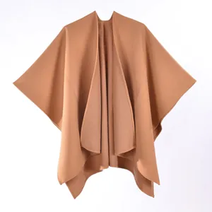 French style brown knit poncho shawl with thick warm fabric and open front design