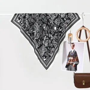 Classic black and white paisley silk scarf with vintage floral patterns and geometric border