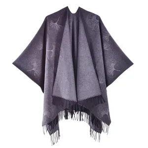 Chinese ginkgo leaf pattern shawl with tassels in premium dark purple cashmere style