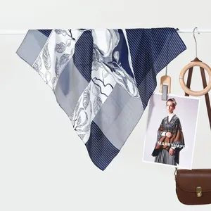 Classic striped silk scarf for women in navy blue and white with leaf pattern