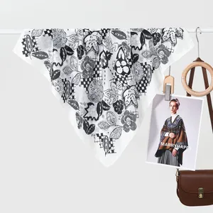 Classic checkered silk scarf with black hand-drawn floral patterns for women's fashion