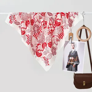 Classic checkered silk scarf for women with red floral and maple leaf patterns