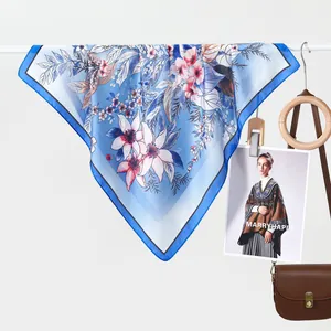 Women Elegant Satin Square Scarf Floral Print High End Versatile Neck Hair Wrap Fashion Silk Like Scarf Accessory