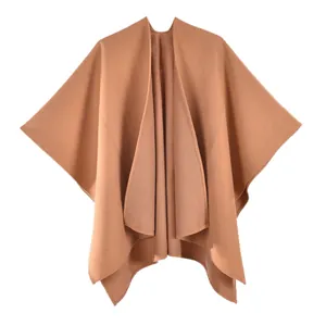Classic camel brown knit shawl cape for women with minimalist open front design