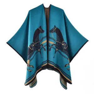 Thick lake blue knit shawl with elegant horse jacquard pattern for women