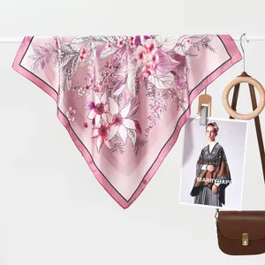 Elegant pink silk scarf with large lily floral pattern and black border accents