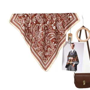 Classic paisley pattern square silk scarf in deep brown with elegant floral border design
