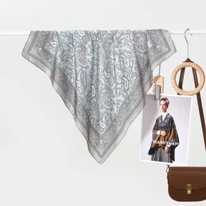Classic paisley pattern square silk scarf in light blue with smooth satin finish