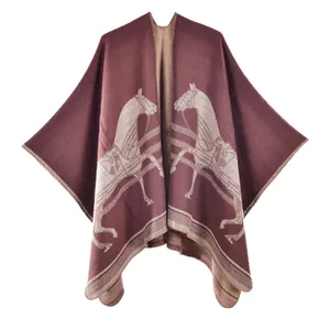 Women's wine red shawl wrap with beige horse pattern and thick knit cape design
