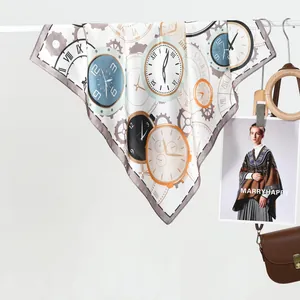 Fashionable silk scarf featuring vintage clock and gear prints on a white base