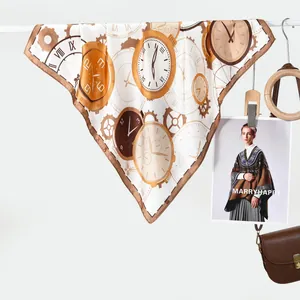 Retro silk-feel square scarf with vintage clock patterns and brown rolled edges