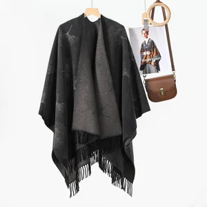 Chinese style charcoal gray ginkgo leaf jacquard pashmina shawl with tassel trim