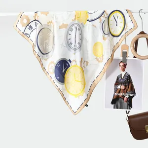 Elegant vintage clock print square silk scarf in yellow and navy blue for women