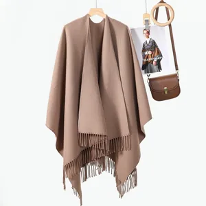 Scialle da Donna in Imitazione Cashmere Tinta Unita Spesso Poncho Pullover con Nappine in Misto Viscosa Sciarpa Calda Invernale