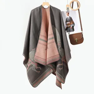 Women Western Style Thickened Faux Cashmere Poncho Shawl Double Sided Knit Wrap Horse Pattern Winter Warm Oversized Cape