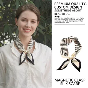 Striped geometric magnetic buckle silk scarf with pearl accent for women accessories